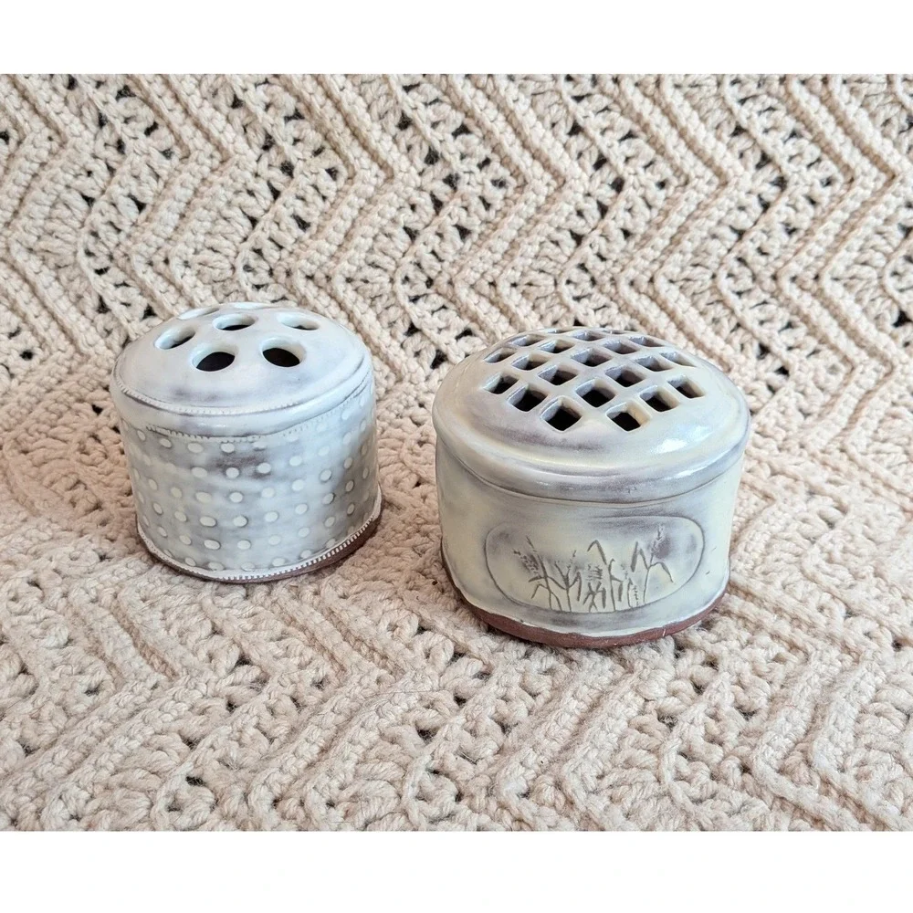 Brenda Wolf Makes Studio Pottery Flower Frogs Set of 2 White Ceramic Wheat Dot